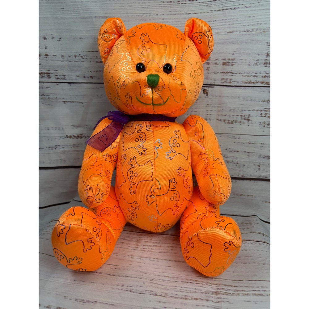Sugar Loaf Halloween Teddy Bear Orange Holographic Ghost Print Plush Purple Bow
